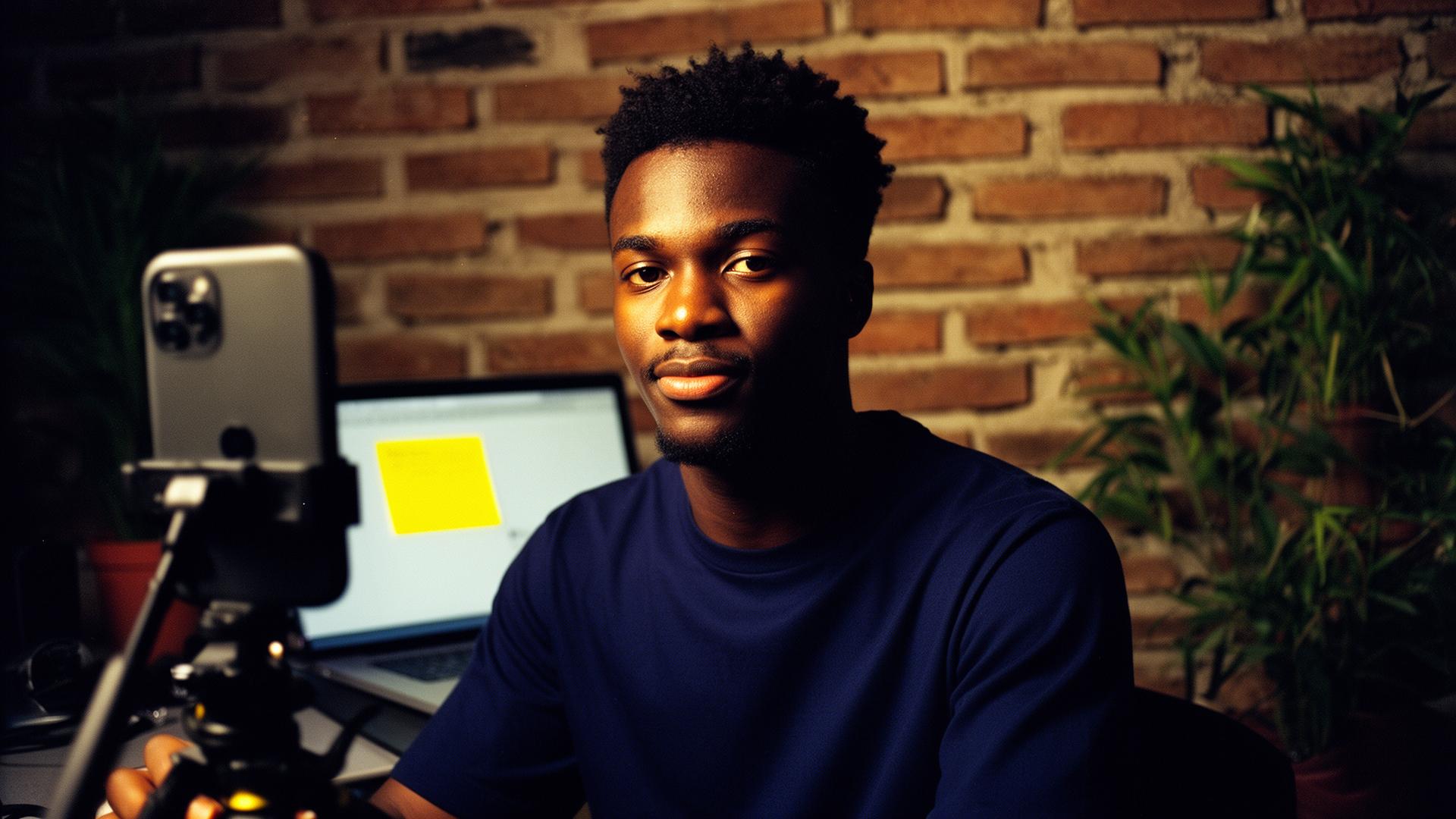 A young Nigerian creator in a Lagos studio with a ring light, a phone on a tripod and a laptop with a yellow sticky note behind him