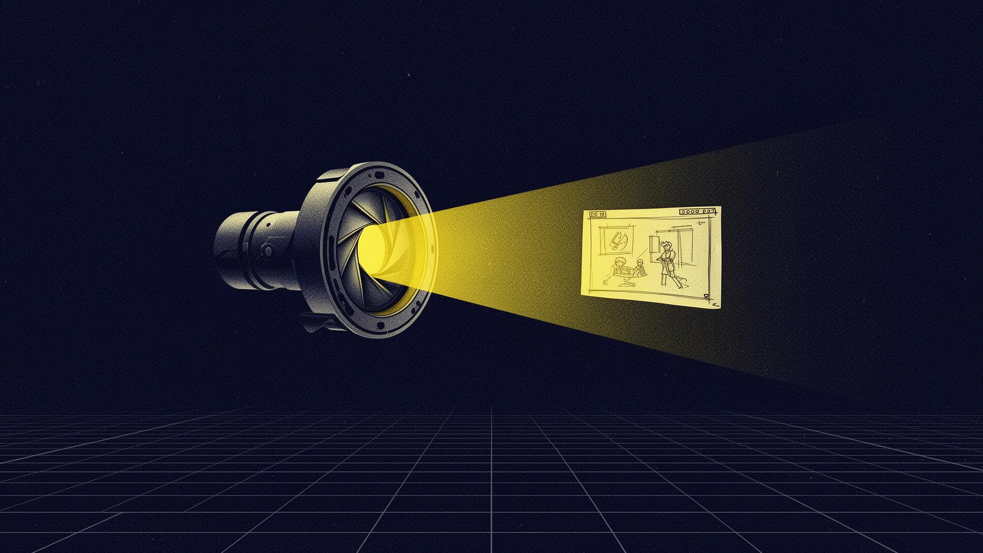 A cinematic film aperture with a single golden-yellow beam cutting through a dark frame