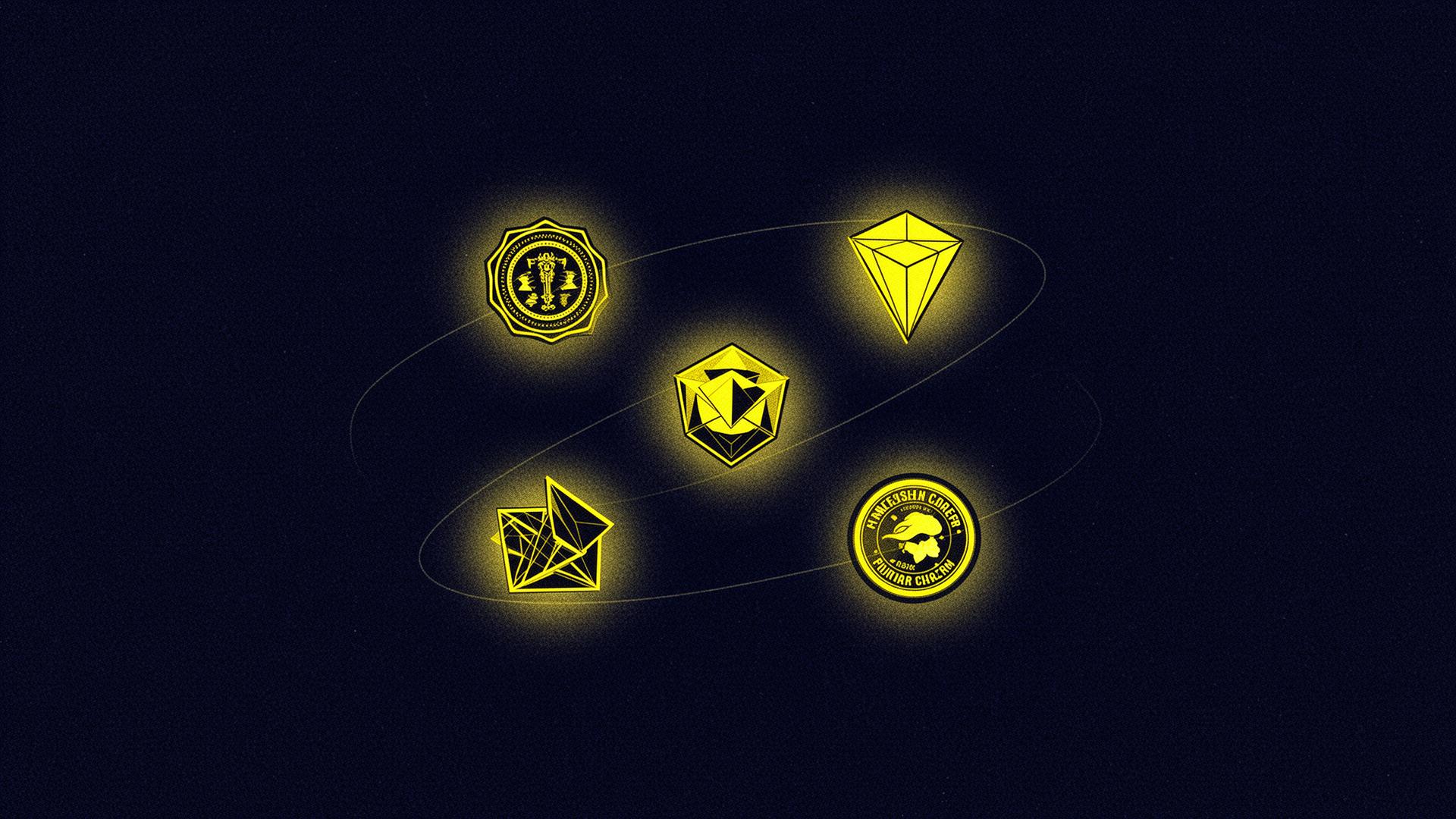 Five floating geometric career badges arranged in a loose constellation