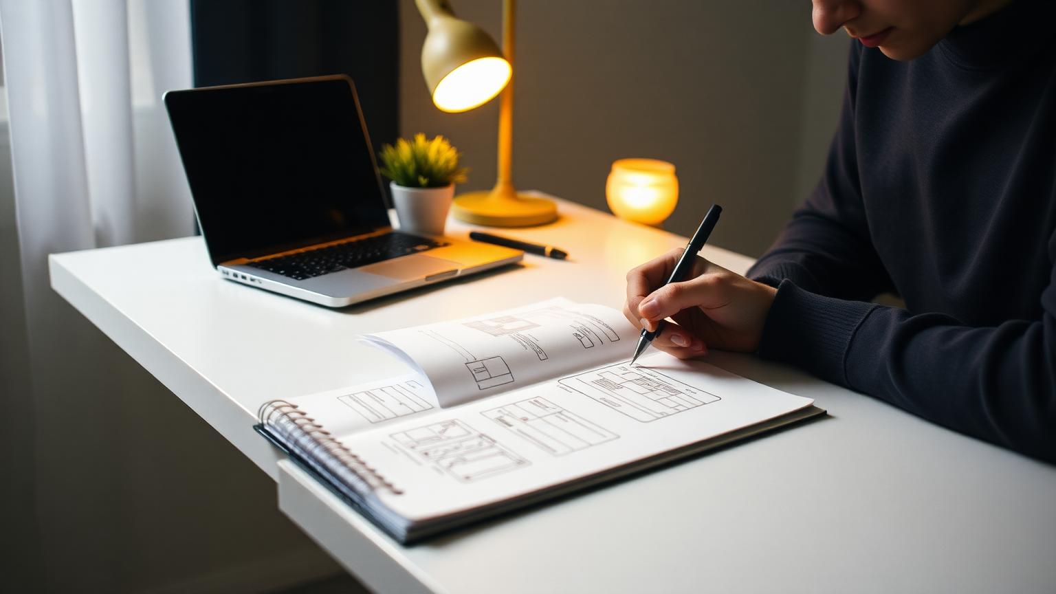 Product designer sketching wireframes in a notebook beside a closed laptop