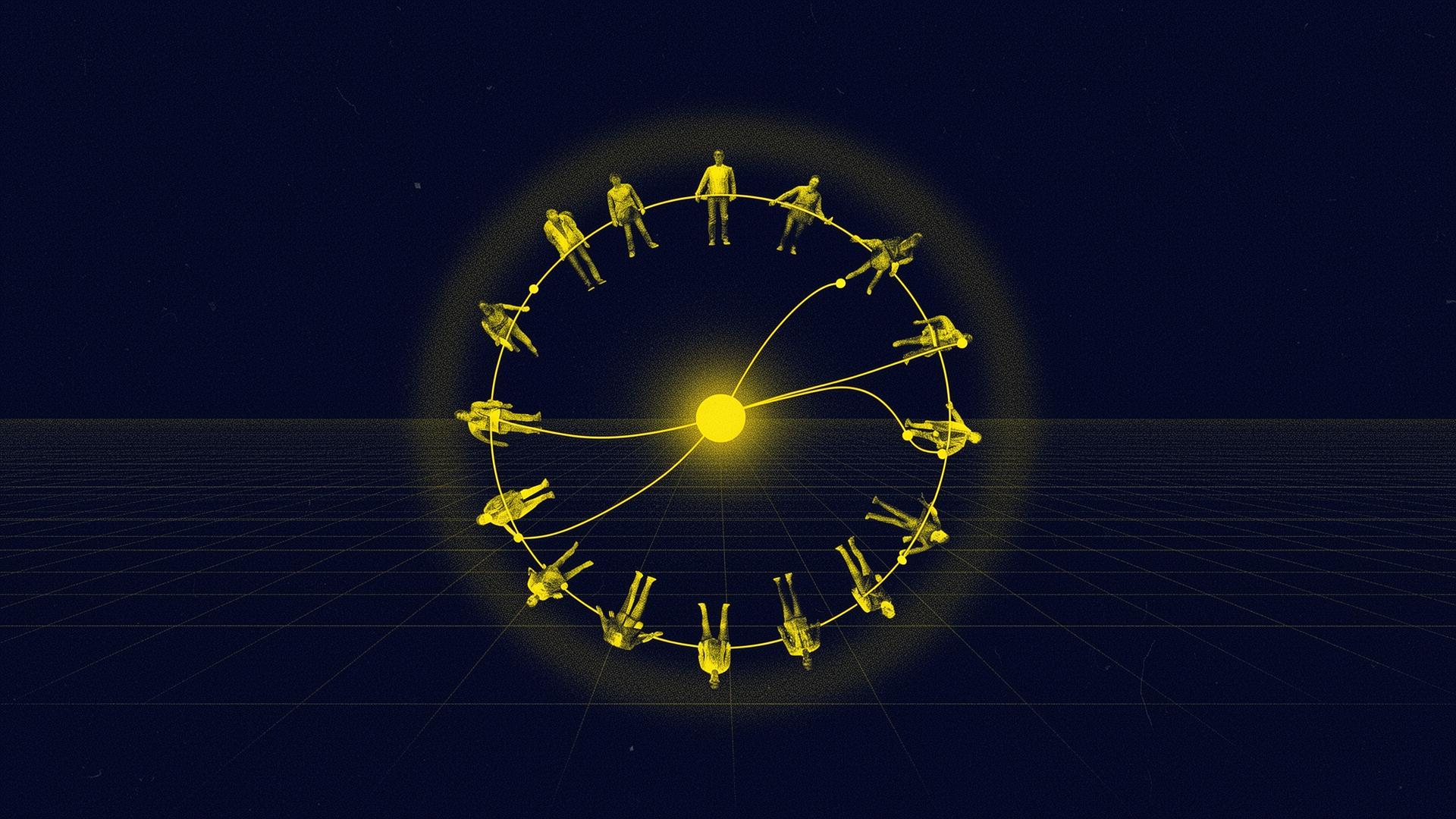 A circular constellation of small figures connected by faint lines on an ink-navy background