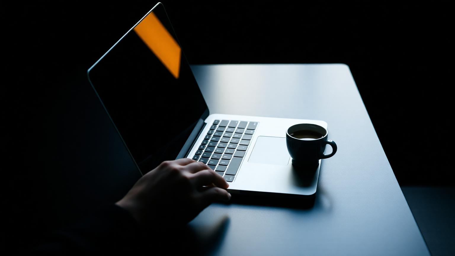 Laptop and espresso on a dark cafe table with a morning shaft of light