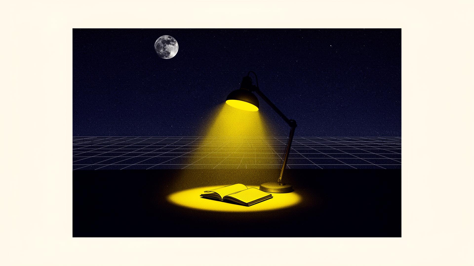 A warm desk lamp glowing on a tidy evening workstation against an ink-navy room