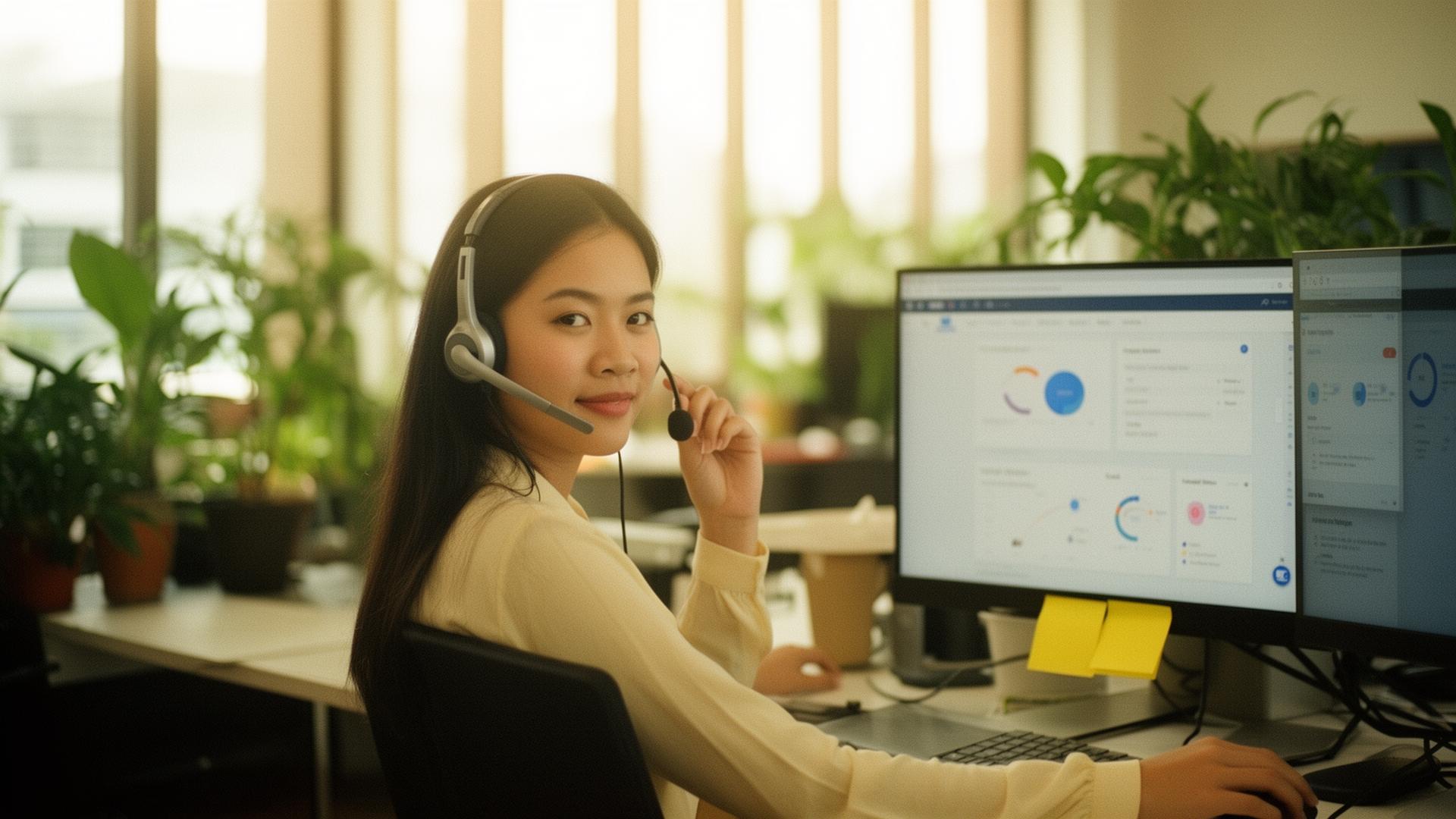 A young Filipino professional wearing a headset at a bright Manila co-working space with dashboards on a second monitor and a yellow sticky note