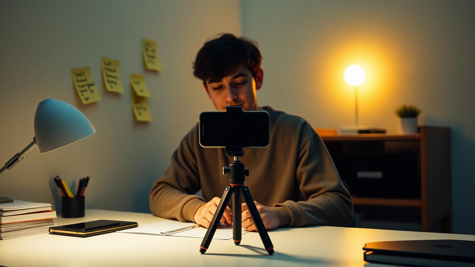 Young creator setting up a phone on a tripod with sticky notes on the wall behind
