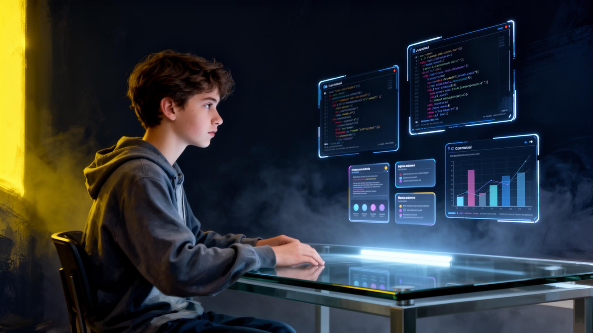 A focused teenager working at a glass desk with floating holographic curriculum panels showing code and progress charts, lit by signal-yellow accent light against an ink-navy background.