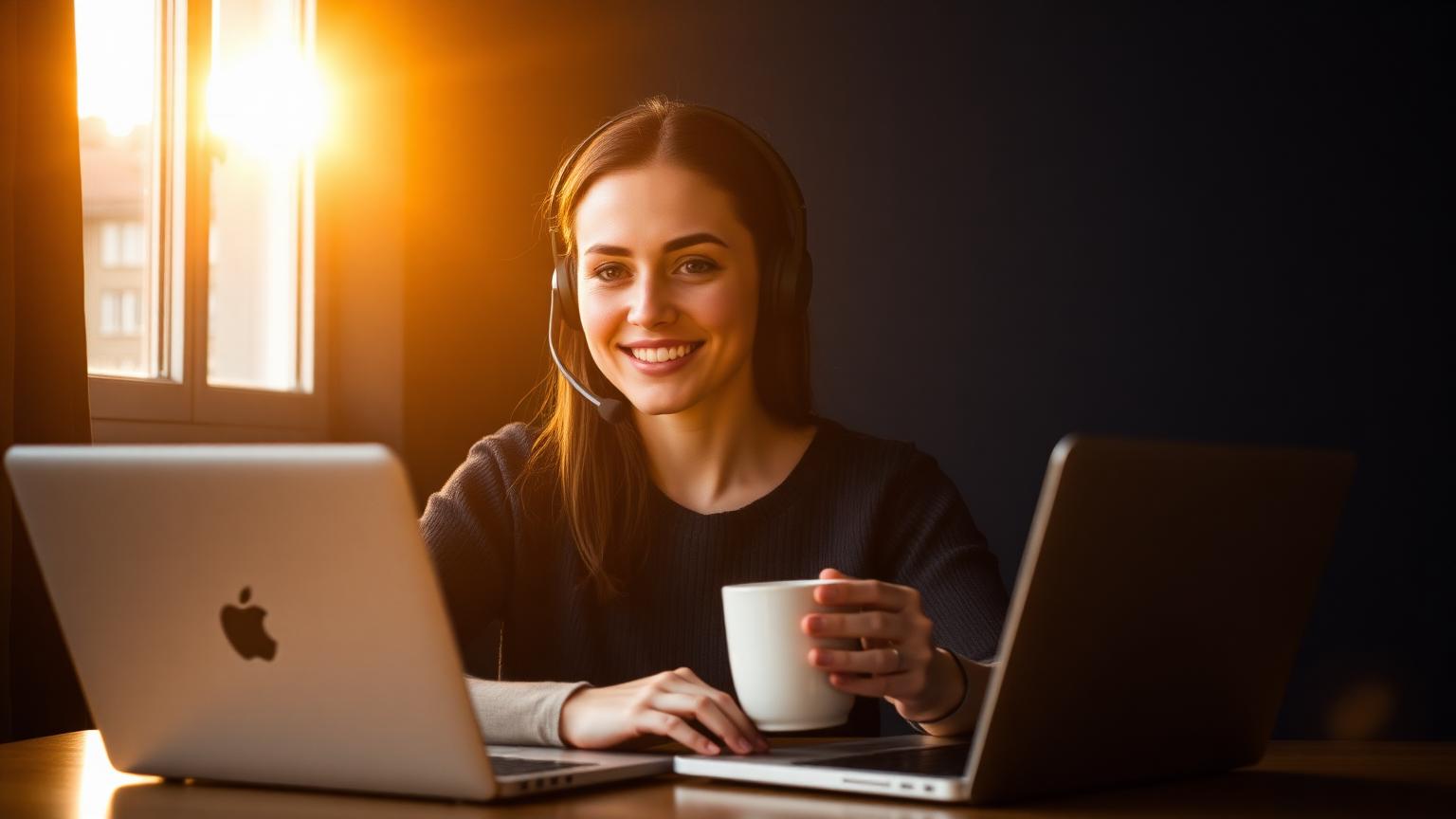 Customer success specialist on a video call holding a mug in morning light