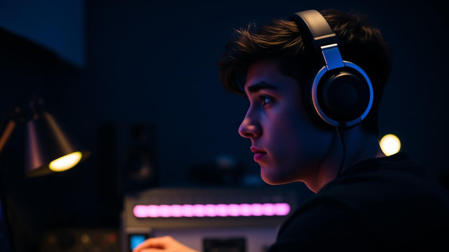 Young filmmaker editing footage in over-ear headphones at a low-lit edit bay