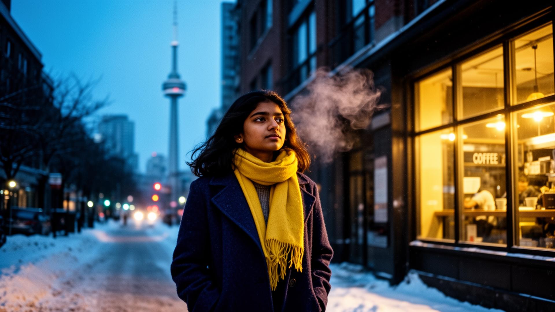 A young woman in a navy coat and yellow scarf walking through a snowy Toronto street at dusk, the CN Tower in the distance, warm light from a coffee shop on the right