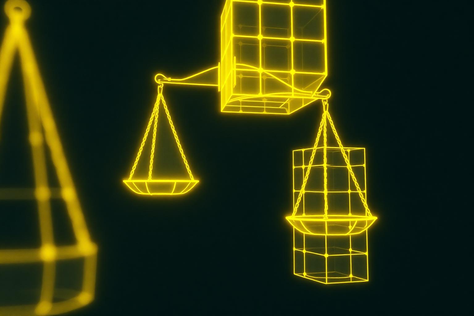 Wireframe scales of justice suspended above luminous yellow data-block architecture