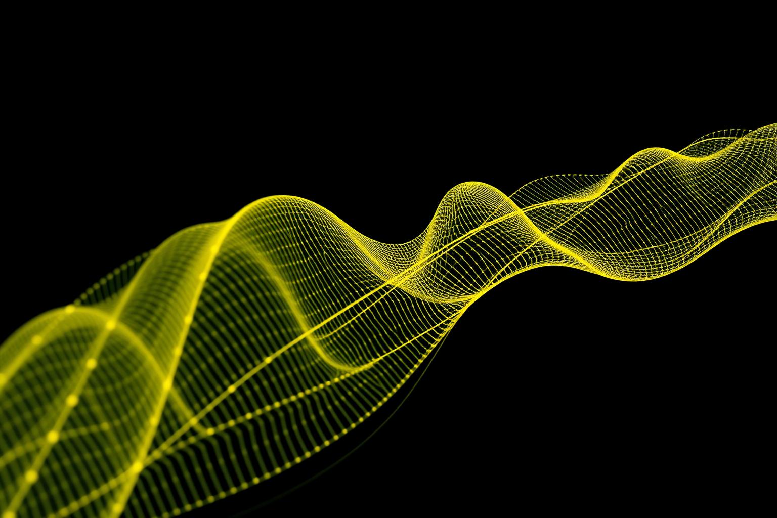 Glowing yellow waveform mesh dissolving into a dark studio horizon